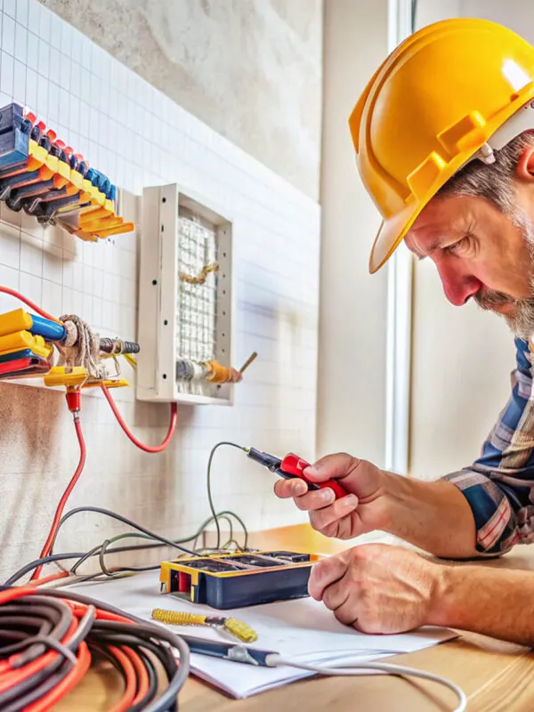 Electrician in a hard hat testing panel wiring with a multimeter