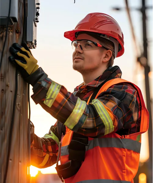Electrician in a hard hat and safety vest working on a utility pole