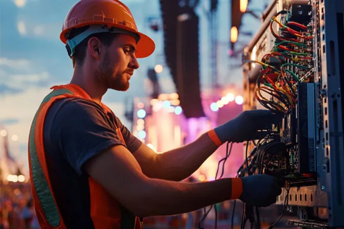 Electrician in a hard hat wiring an electrical control panel