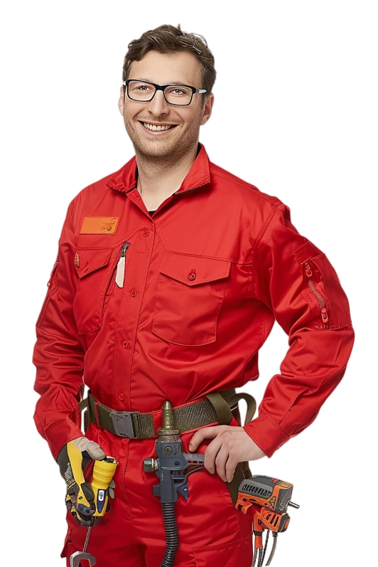 Smiling electrician in red coveralls holding tools