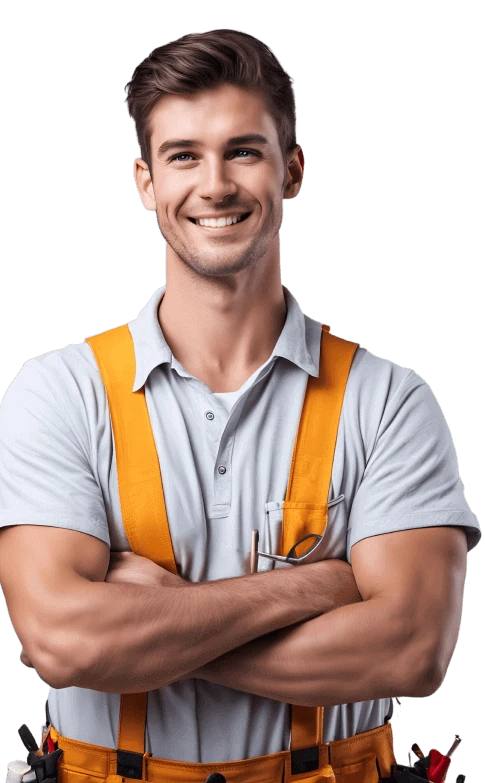 Smiling electrician with arms crossed wearing a tool belt
